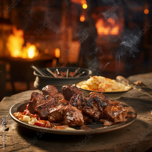 fotografia con detalle de trozos de carne a la parrilla con acompañamientos