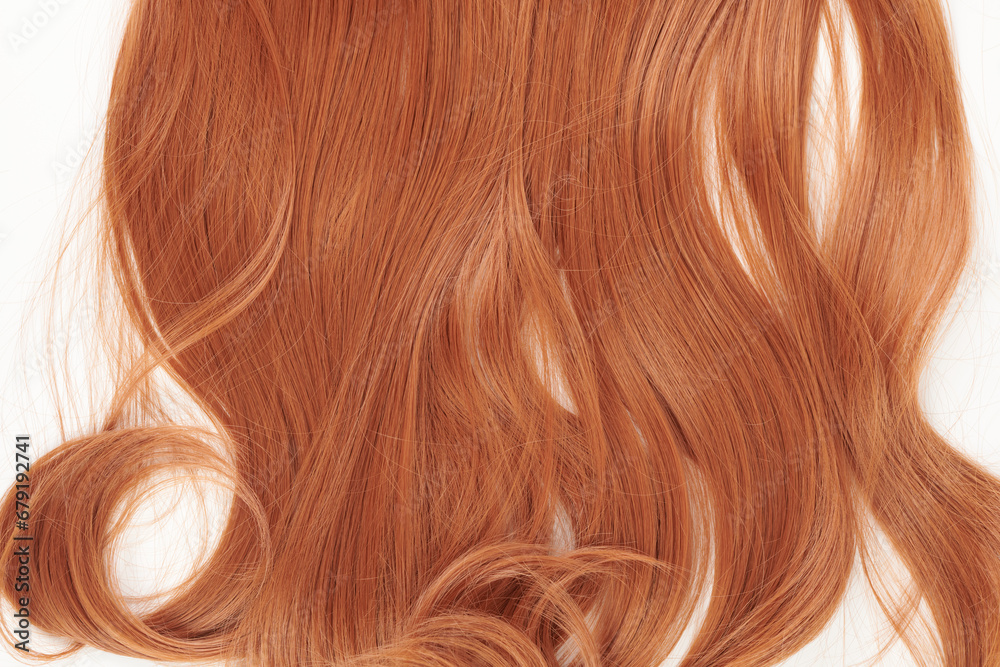 Fototapeta premium Natural looking shiny hair, red curls isolated on white background with copy space