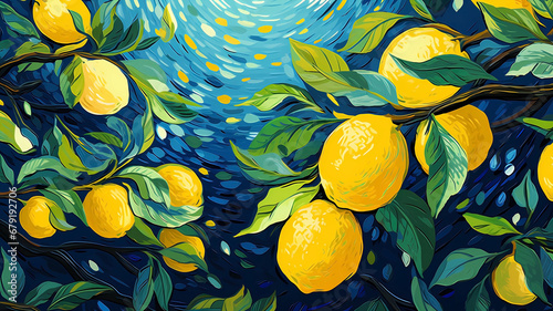 Hand drawn cartoon art abstract van Gogh style impressionist lemon fruit illustration background material
