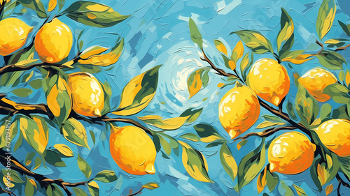 Hand drawn cartoon art abstract van Gogh style impressionist lemon fruit illustration background material
 photo