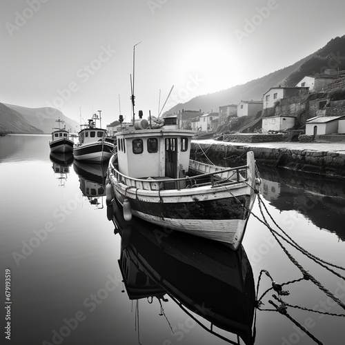 Fotografia en blanco y negro con detalle de pueblo pesquero con barcos y cielo con sol photo