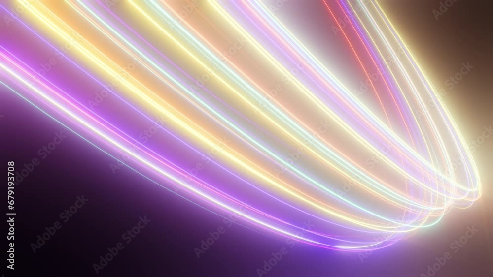 3d animation of abstract background with ascending colorful neon glowing lines, glowing trails