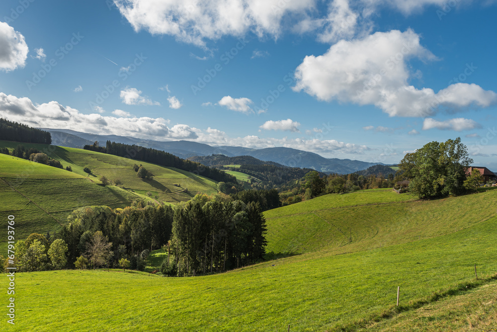 Panoramic view over the rolling hills of the Black Forest near St. Maergen, Southern Black Forest, Baden-Wuerttemberg, Germany
