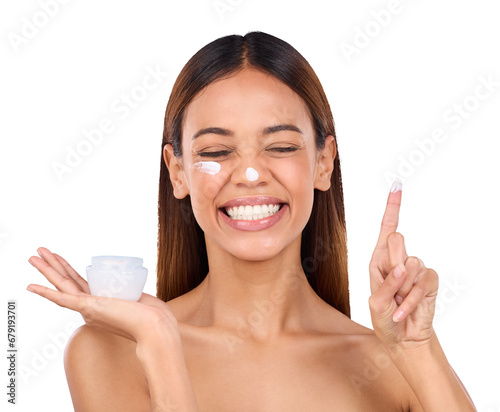 Dermatology, smile and woman with cream, cosmetics and skincare isolated on transparent background. Face, person and model with container, moisturizer creme, beauty and shine with glow, png or happy