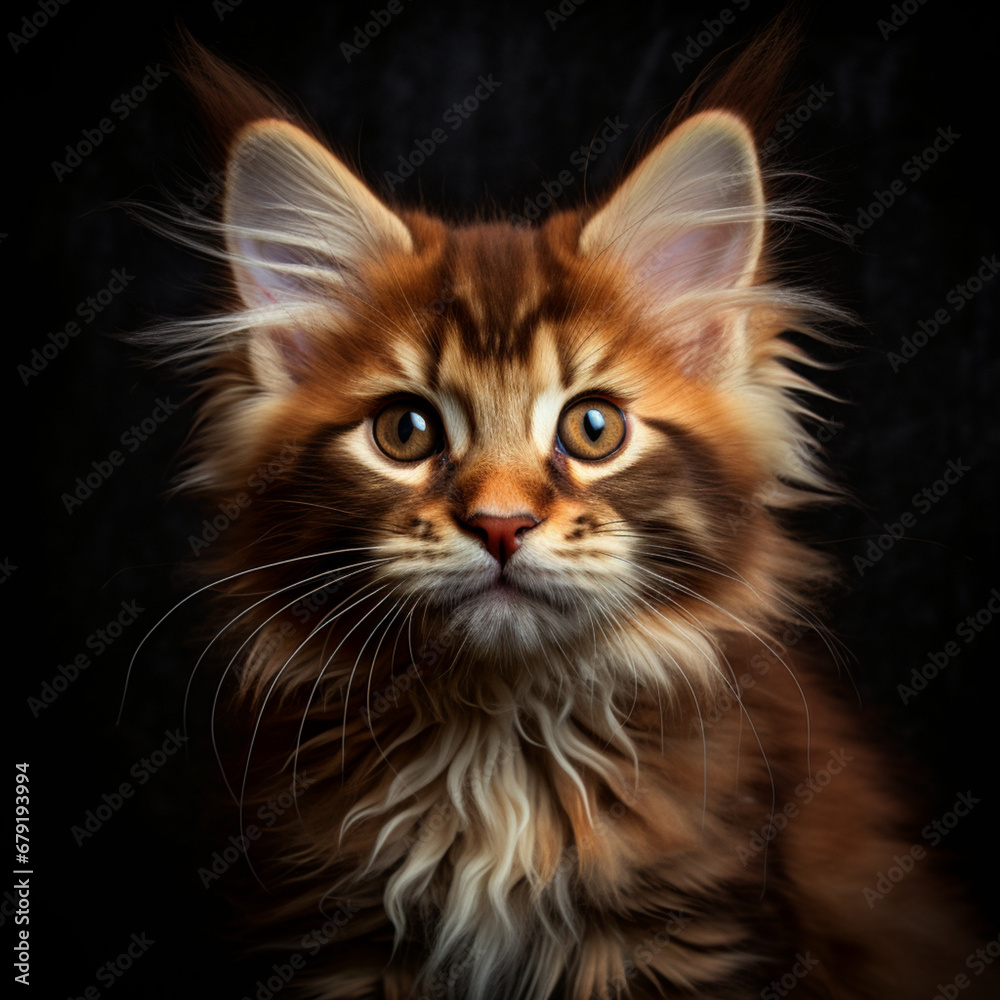 fotografia con detalle de adorable gatito de aspecto atigrado con fondo de color negro fotografia con detalle de adorable gatito de aspecto atigrado con fondo de color negro
