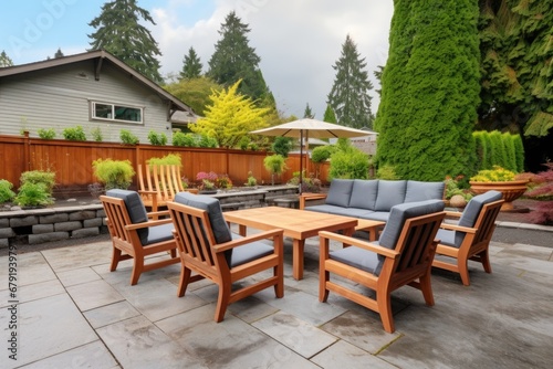 stone patio furniture in the backyard of a craftsman style wood house