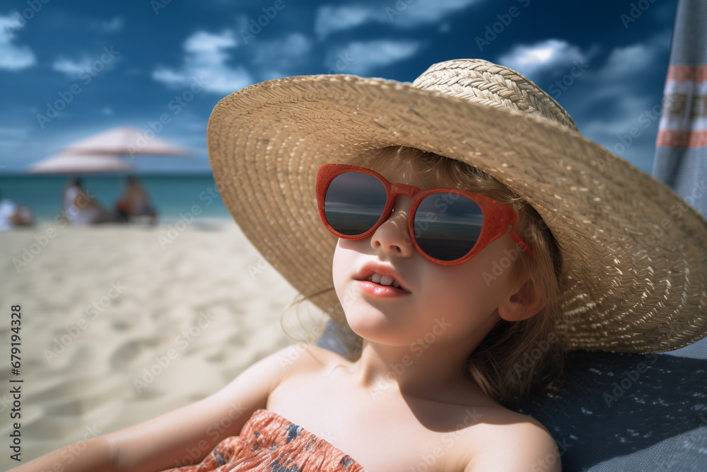 Child in a hat and glasses on a sunny beach