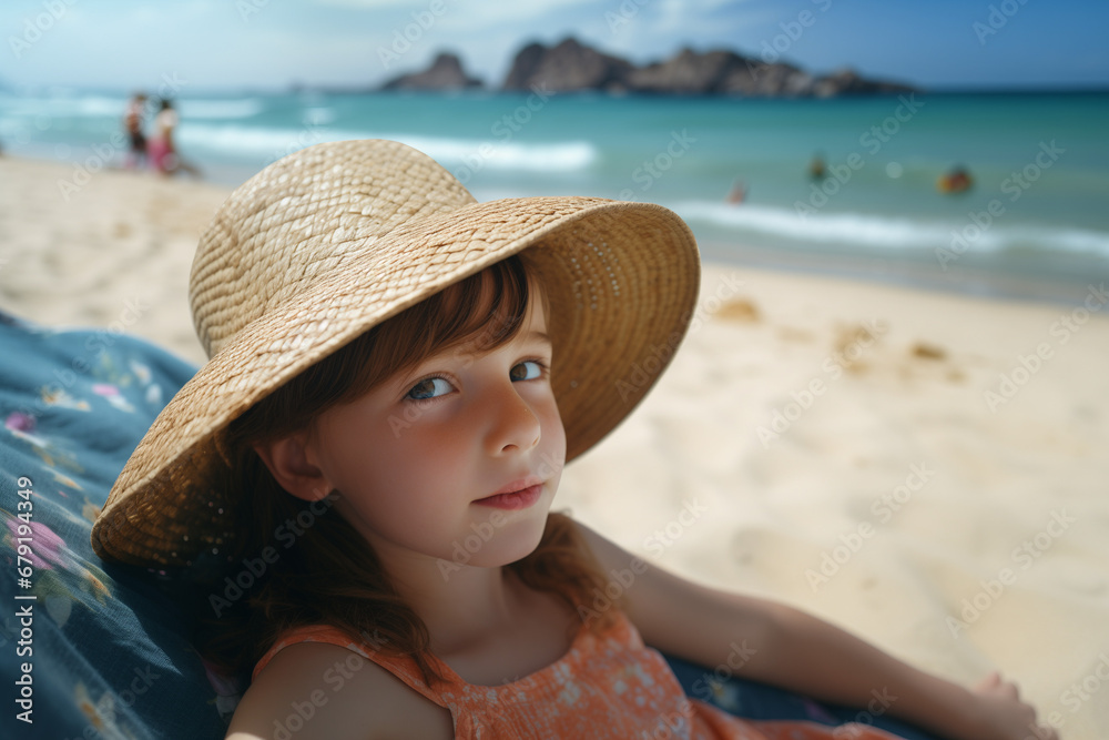 Child in a hat on a sunny beach