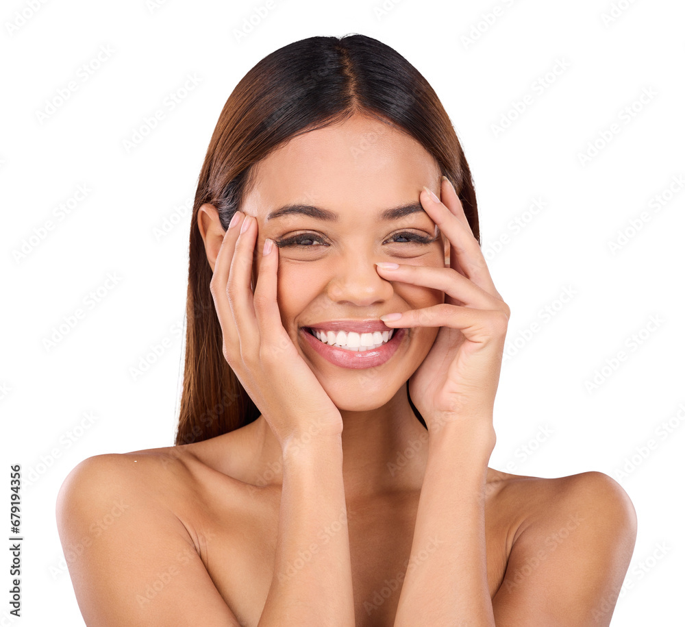 Woman, portrait or face of happy skincare, aesthetic glow or clean dermatology isolated on transparent png background. Natural beauty, facial treatment or smile for healthy cosmetic, shine or results