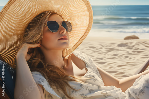 Beautiful girl in a hat and glasses on a sunny beach