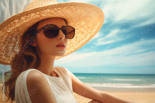 Beautiful girl in a hat and glasses on a sunny beach