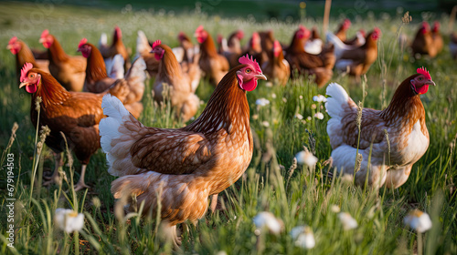 range chickens on grass, Happy free range chicken in the meadow photo