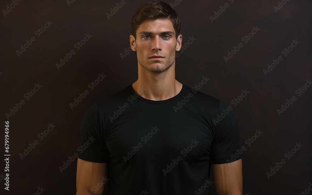 Gazing Up Close Portrait of Young Man in Black T-Shirt