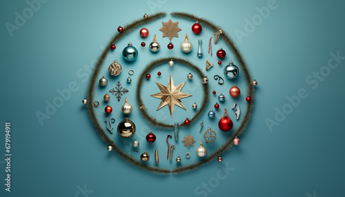 Christmas ornament in a circle flat lay