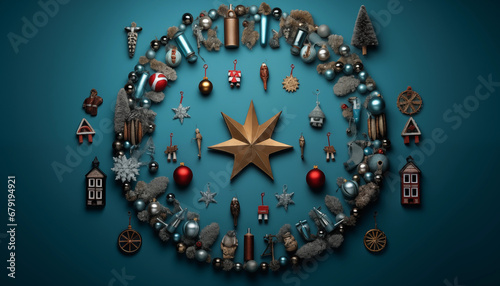 Christmas ornament in a circle flat lay