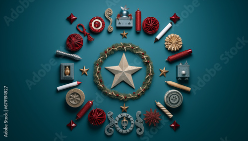 Christmas ornament in a circle flat lay