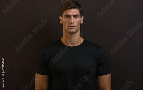 Gazing Up Close Portrait of Young Man in Black T-Shirt
