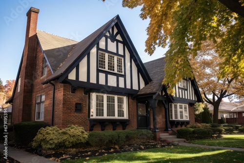side view of tudor home, displaying contrasting brick base