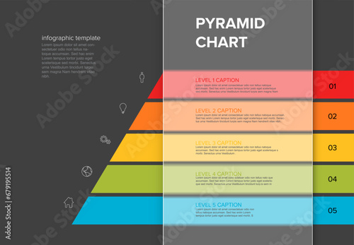 Vector dark Infographic Pyramid chart diagram template with icons made from five stripes