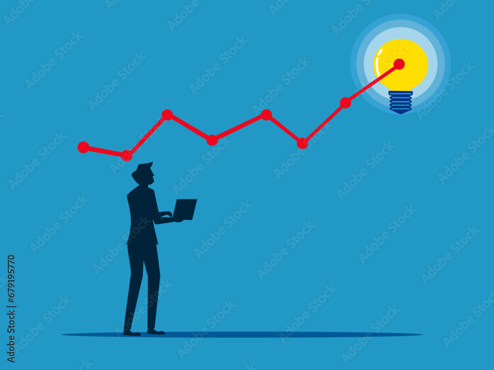 Create growth with knowledge. man with laptop analyzing graphs and light bulbs. Vector