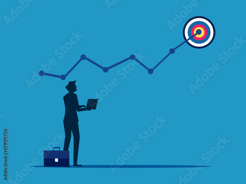 Business goals. Businessman with laptop analyzing graphs and goals. Vector