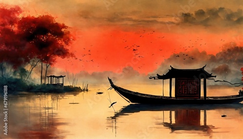 architecture  sky  landscape  building  nature  mountain  sea  island  mountains  travel  water  bay  clouds  cold  history  lake  chinese  boat  ink  illustration  painting  muted  fishermen  fog