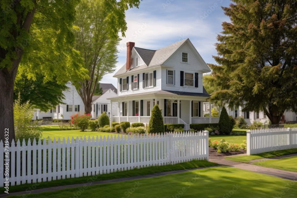 colonial revival house with a white picket fence