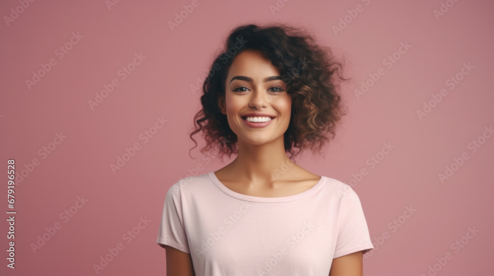 Obraz premium Joyful young woman with curly hair and a white tee smiling against a pink background