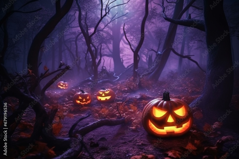 Jack o' lanterns in spooky forest at night with full moon, Halloween background in purple and orange. Generative AI