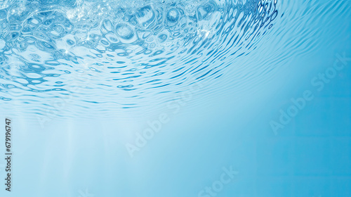 Transparent blue liquid colored clear water surface texture with ripples, splashes and bubbles. Abstract nature background Water waves in sunlight with copy space , soft navy blue water 