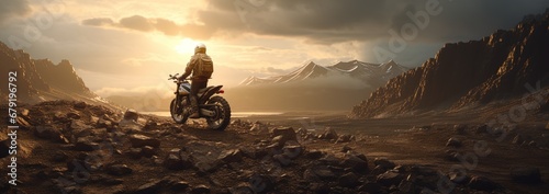 A biker in the rugged badlands. Great for stories of motorcycles, adventure, off-roading, rebellion, freedom and more. 