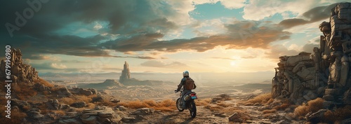 A biker in the rugged badlands. Great for stories of motorcycles, adventure, off-roading, rebellion, freedom and more. 