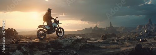 A biker in the rugged badlands. Great for stories of motorcycles, adventure, off-roading, rebellion, freedom and more. 