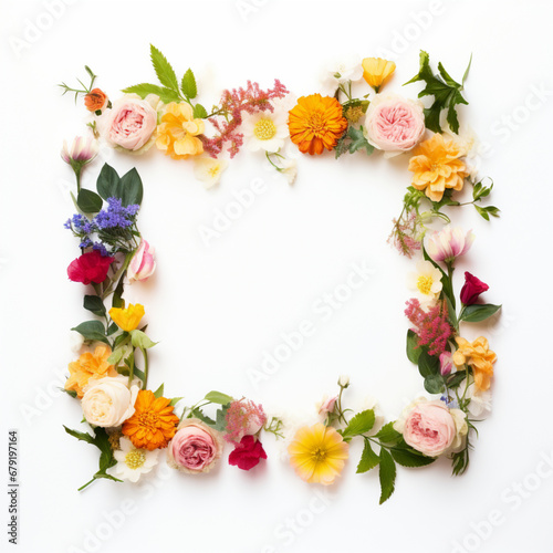 Fondo con detalle de marco formado con multitud de flores de colores, sobre fondo de color blanco
