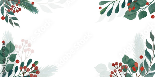 Watercolor winter frame background design . Flower and botanical leaves watercolor hand drawing. Christmas plants