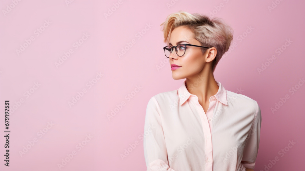 Stylish individual with short blonde hair and glasses, in a light pink blouse, against a pink backdrop Stylish individual with short blonde hair and glasses, in a light pink blouse, against a pink backdrop