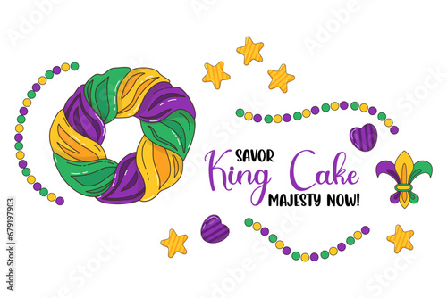 Traditional festive King Cake. Delicious dessert during Mardi Gras carnival. Vector illustration.