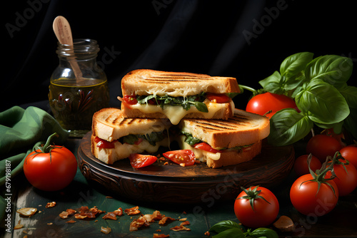 Grilled sandwich with tomato and basil Promotional commercial photo
