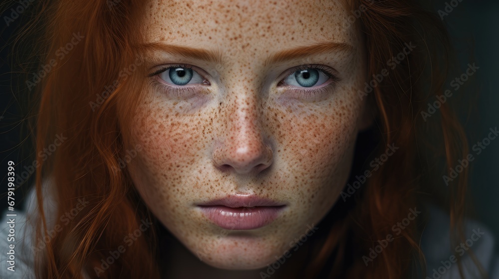 Close-up attractive confident redhead curly-haired girl with freckles Close-up attractive confident redhead curly-haired girl with freckles