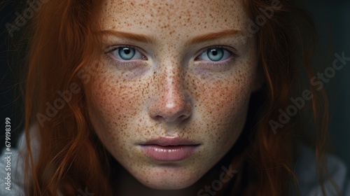 Close-up attractive confident redhead curly-haired girl with freckles