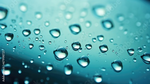 Glass with rain drops against blue background.