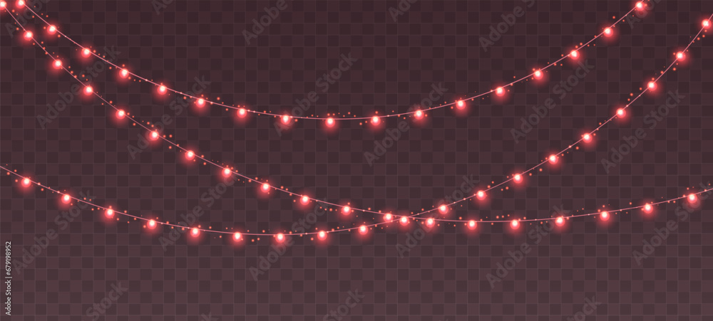 Christmas garland, glowing red light bulbs string with sparkles. Xmas, New Year, wedding or Birthday lights. Vector party event decoration. Winter holiday season element. - obrazy, fototapety, plakaty 