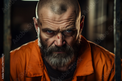 Generative AI portrait of criminal person trapped jailed wearing orange prison uniform © deagreez