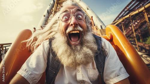 Elderly man rides a rollercoaster. Happy and joyful #679199384