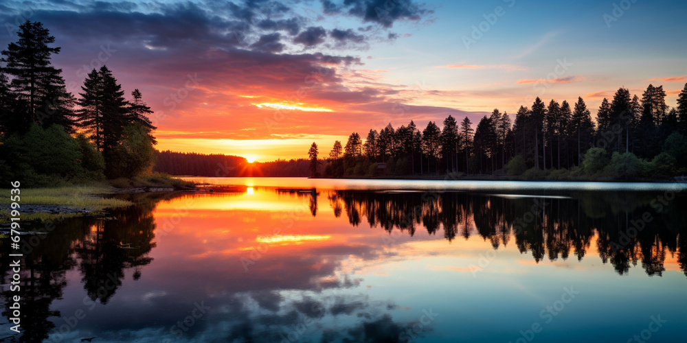 Fototapeta premium Tranquil Reflections: A Serene Nature Scene at Sunset