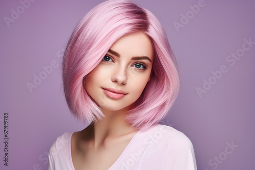 Generative ai picture of beautiful fashion model woman demonstrating perfect haircut pink stylish hair after salon