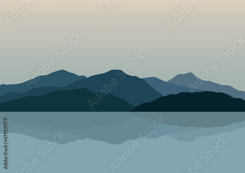 Landscape lake and mountain. Vector illustration in flat style.
