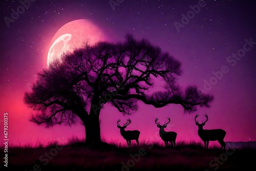 purple buck moon on night red sky back silhouette tree