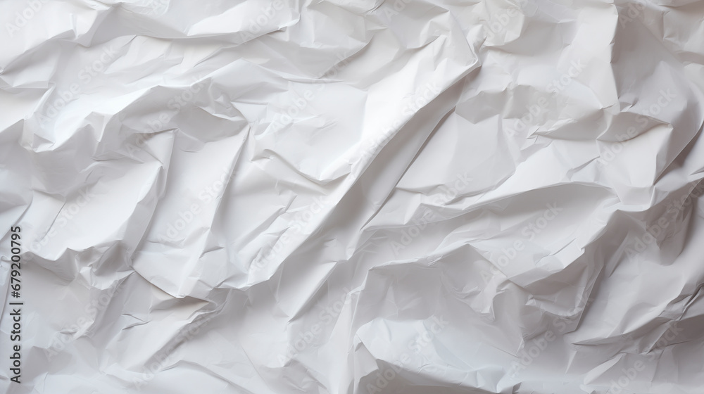 Texture of crumpled white paper, top view. Light gray crumpled paper background, close-up. Blank white paper. Place for text. Copy space