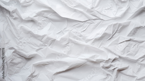Texture of crumpled white paper, top view. Light gray crumpled paper background, close-up. Blank white paper. Place for text. Copy space